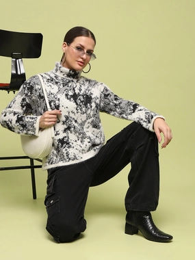 Cozy Warm Layer Comfy Layer Fit Madame Abstract Print Mock Neck Off White Sweater
