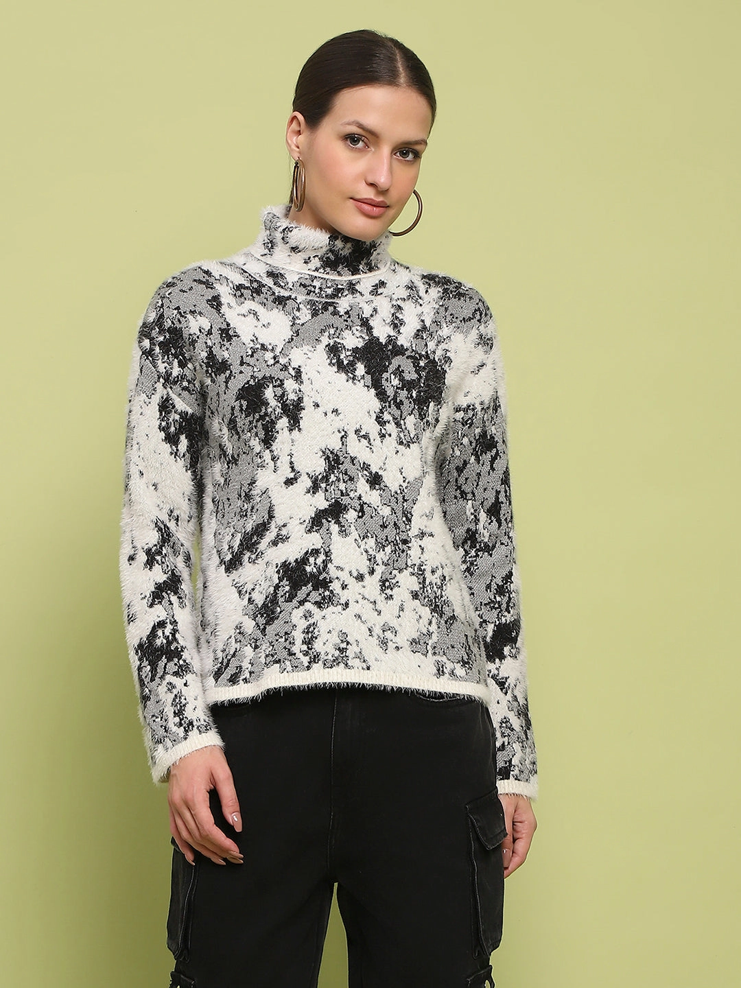 Madame Abstract Print Mock Neck Off White Sweater Comfy Warmth