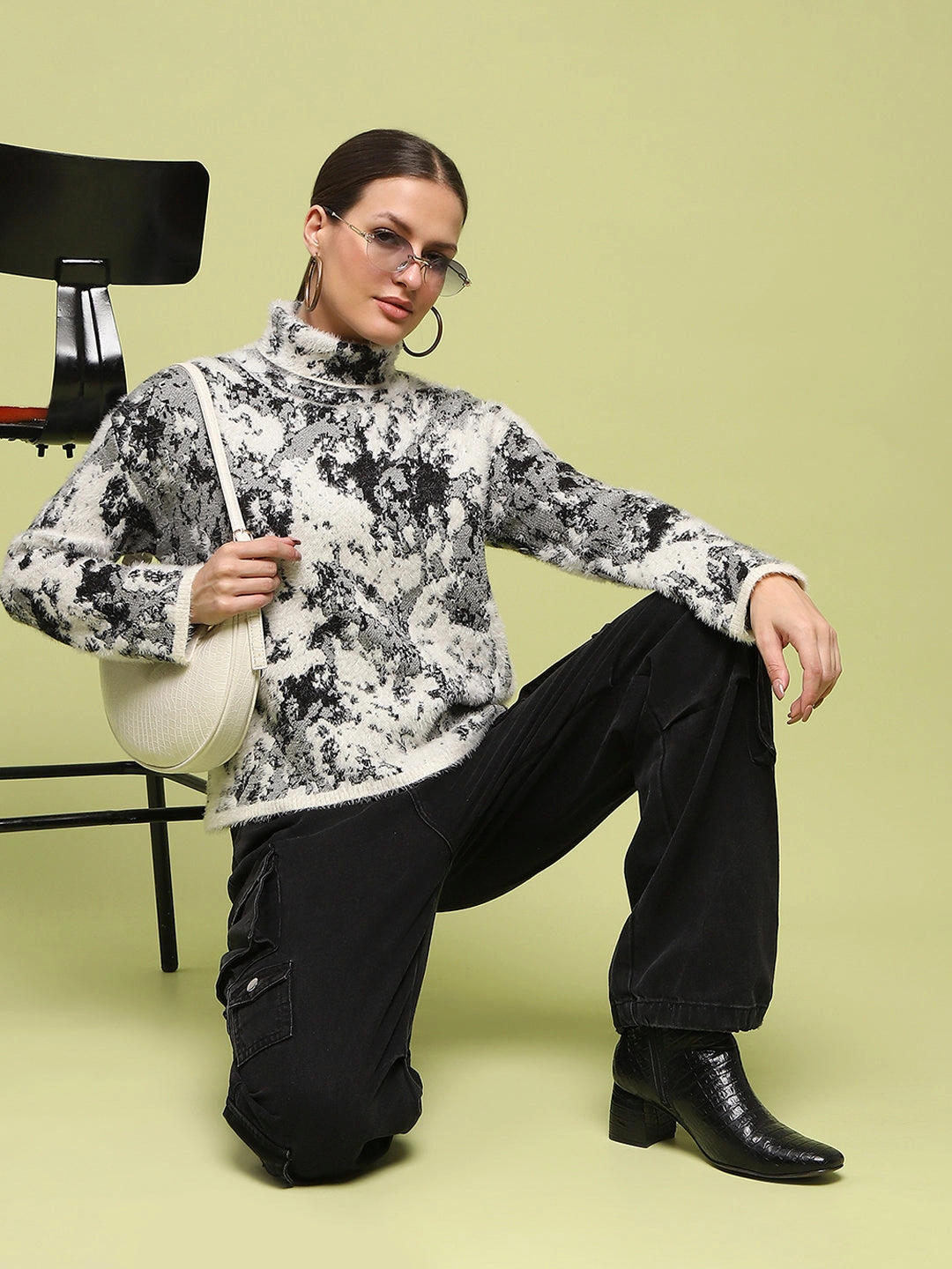Cozy Warm Layer Comfy Layer Fit Madame Abstract Print Mock Neck Off White Sweater