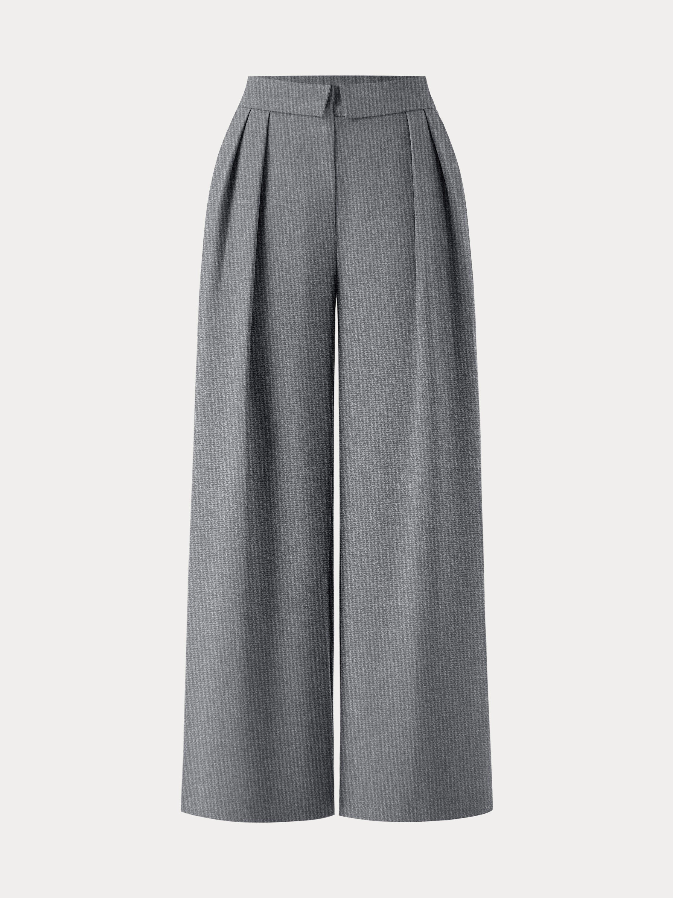 Denim finish RecycledPolyester Fold-Over Pleated Midi Rise Wide Leg Trousers with Pockets