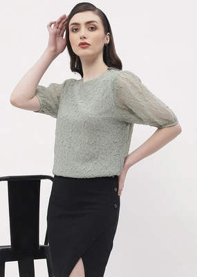 Drop Shoulder Cut FlexibleRibbing Madame Puff Sleeve Green Crinkled Fabric Top