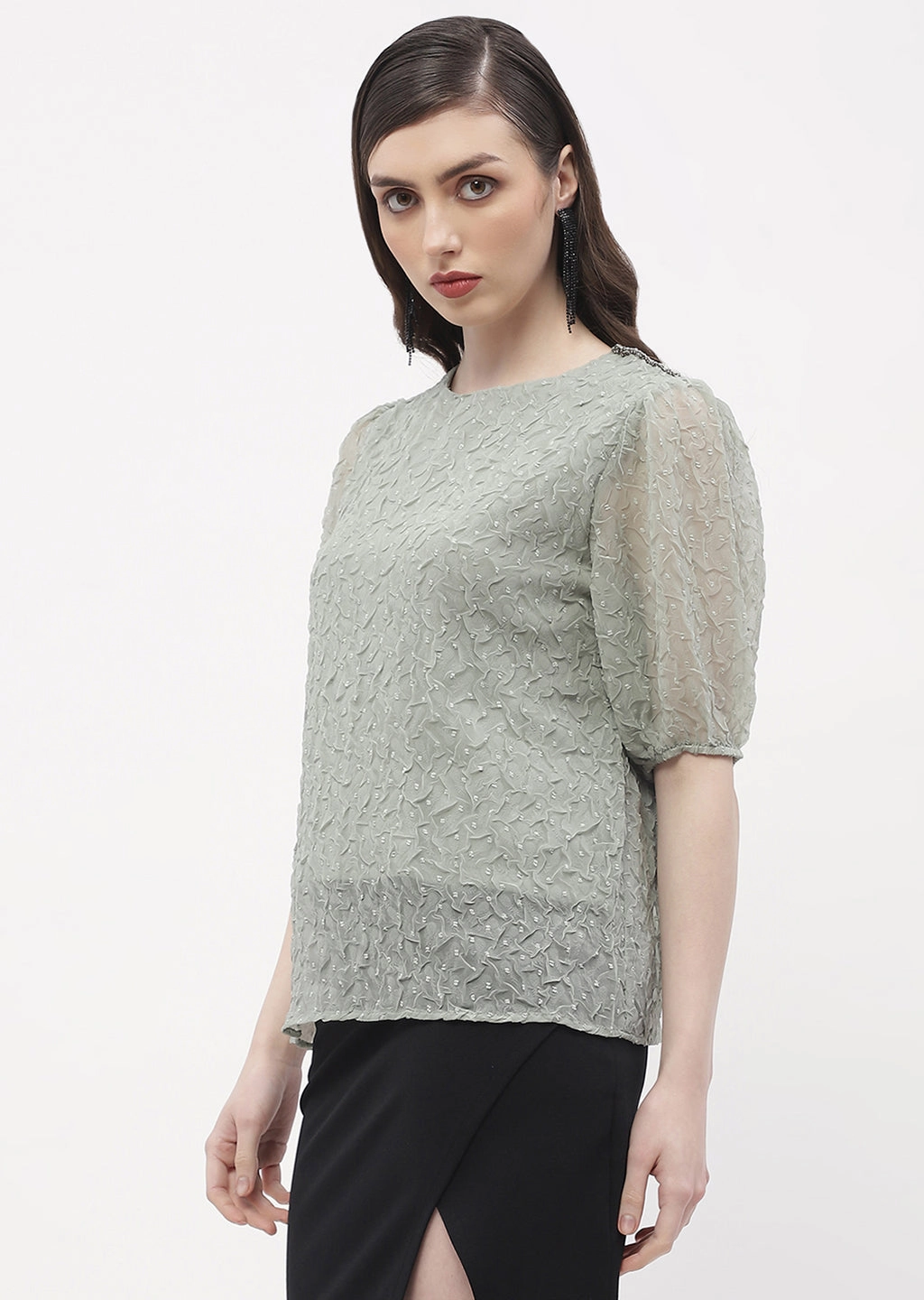 Bamboo Derived Material Madame Puff Sleeve Green Crinkled Fabric Top