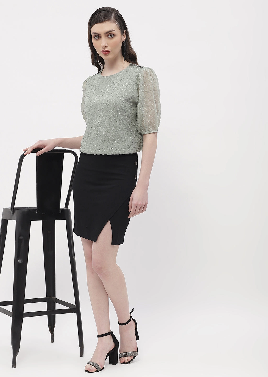Madame Puff Sleeve Green Crinkled Fabric Top SlimFitAdaptation
