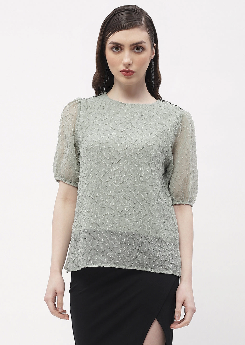 Madame Puff Sleeve Green Crinkled Fabric Top CrewNeck Ergonomic Pattern Design