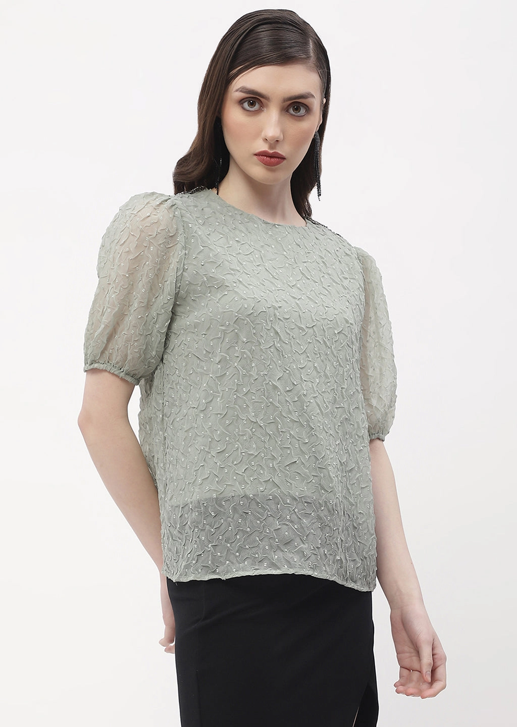 NonChafing Fabric Bluesign Approved Material Madame Puff Sleeve Green Crinkled Fabric Top