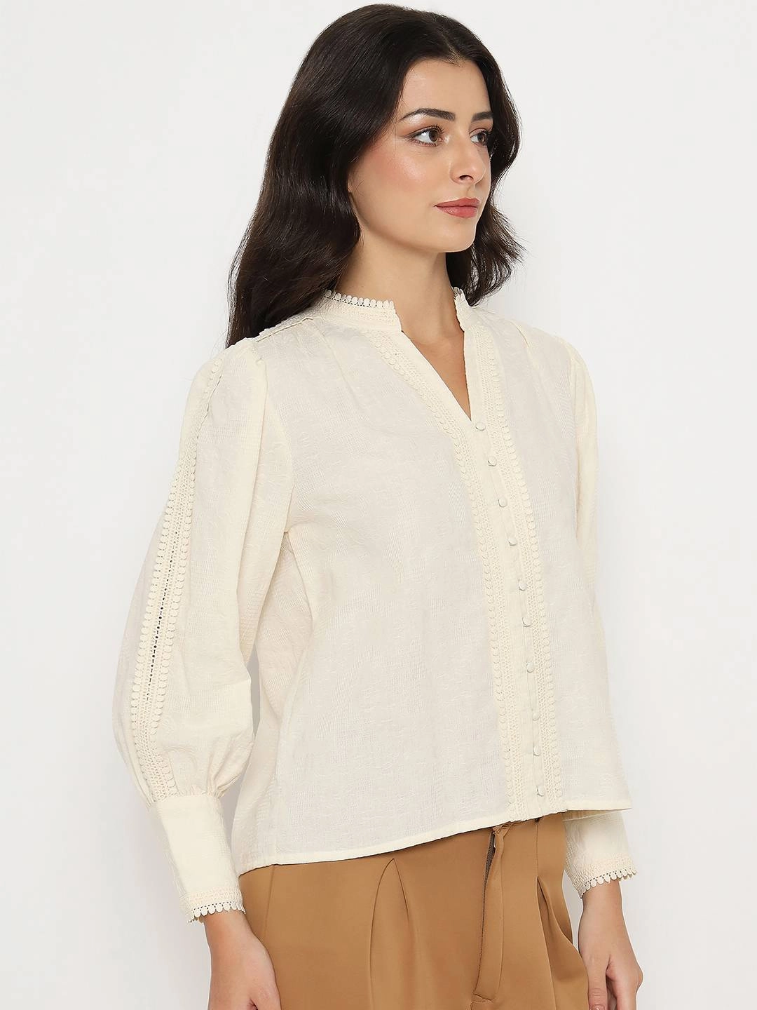 Minimalist Cuff Durable Double Stitching Madame Gathered Shoulders Off White Cotton Top