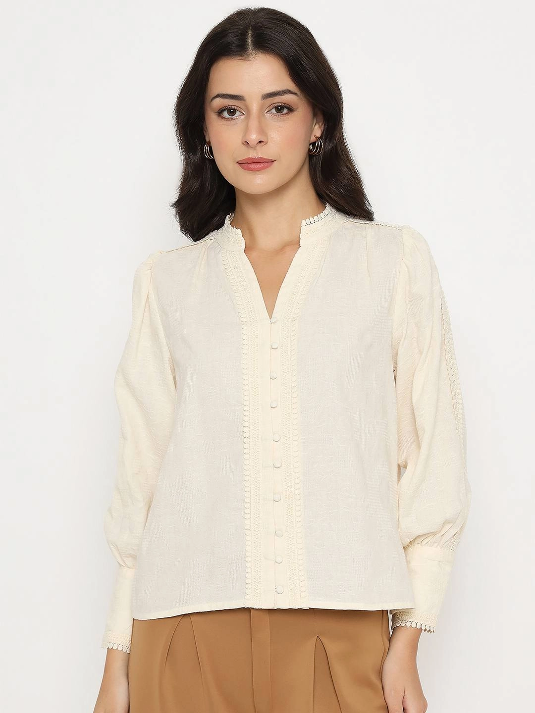 Printed top Madame Gathered Shoulders Off White Cotton Top