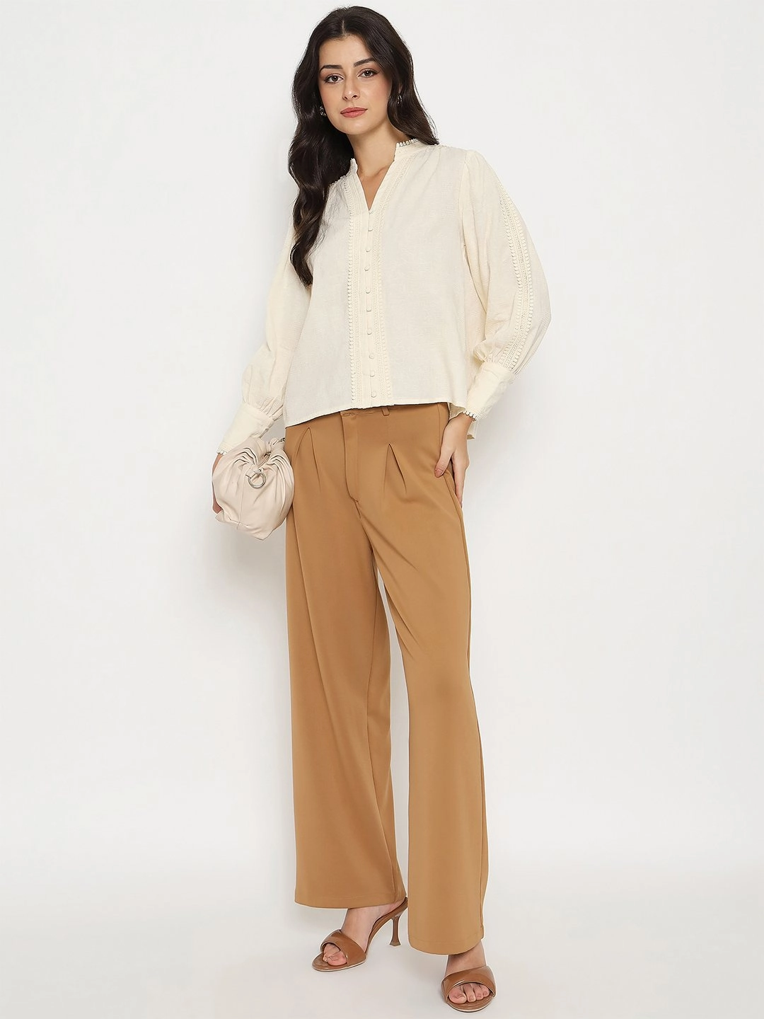 High Neckline Madame Gathered Shoulders Off White Cotton Top