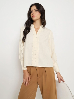 Madame Gathered Shoulders Off White Cotton Top Multi Directional Mobility SlubTexture