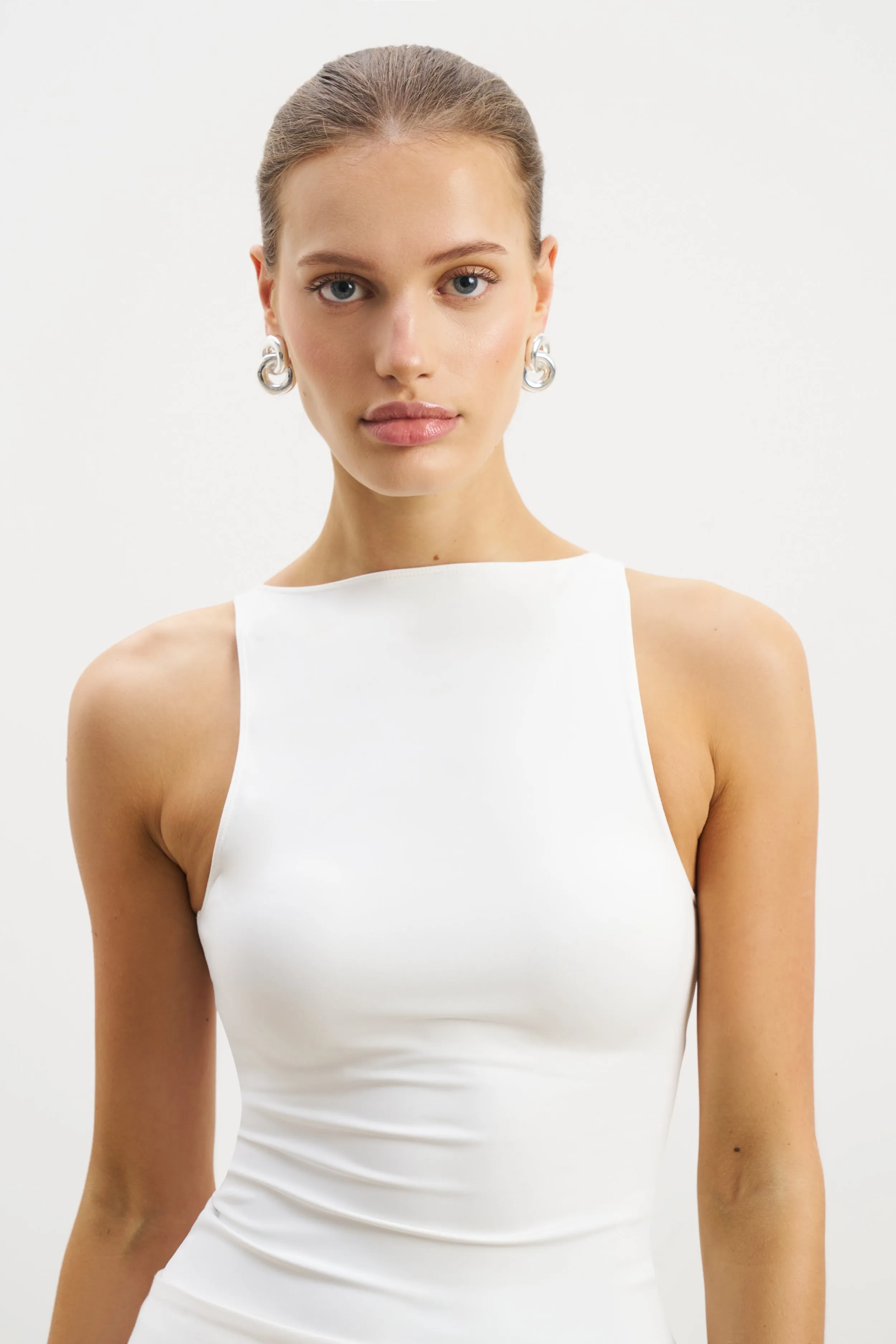 Boat Neck Tank Top - White Interlock Weave FasteningHood