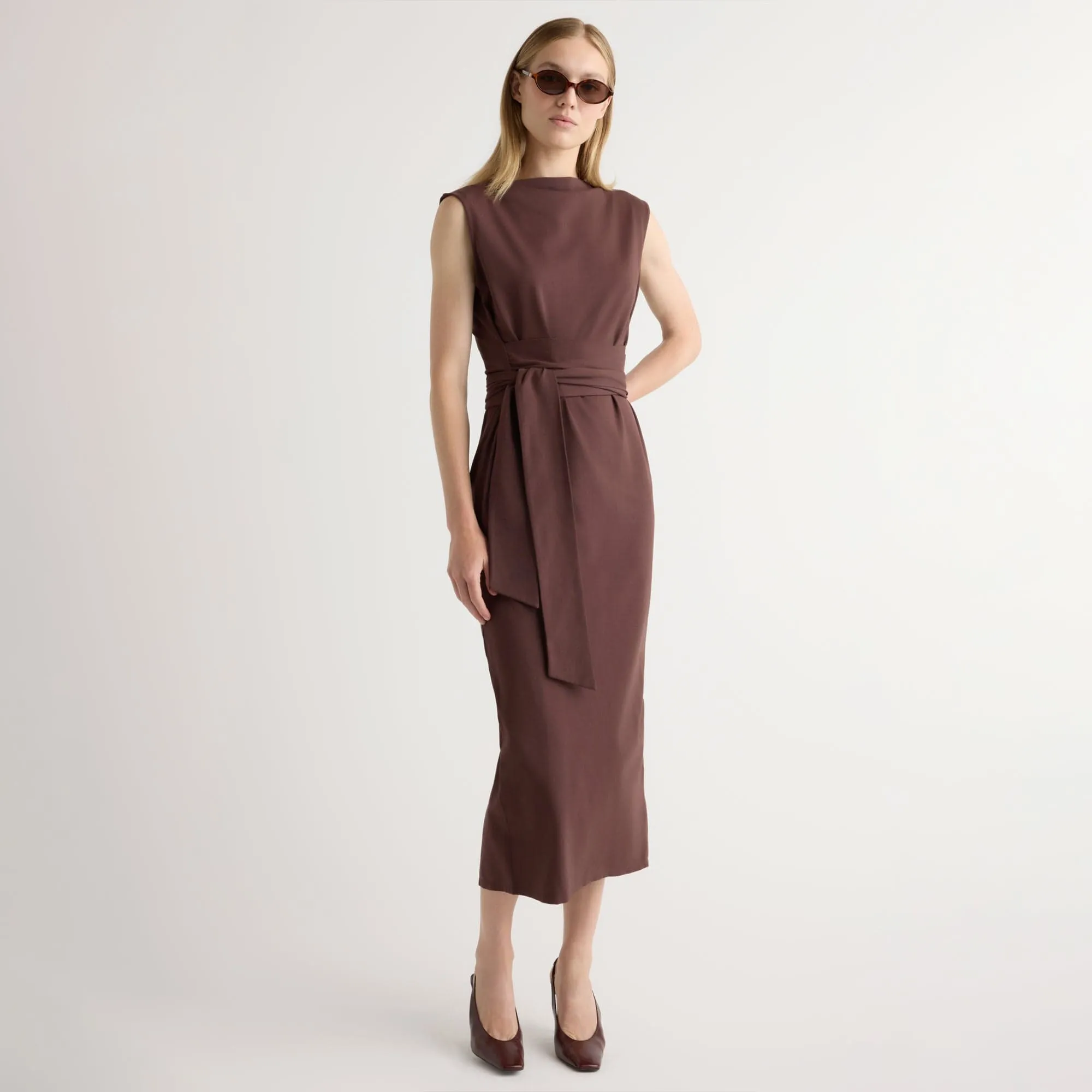Satin Soft Edina Tie-Front Slit-Neck Dress