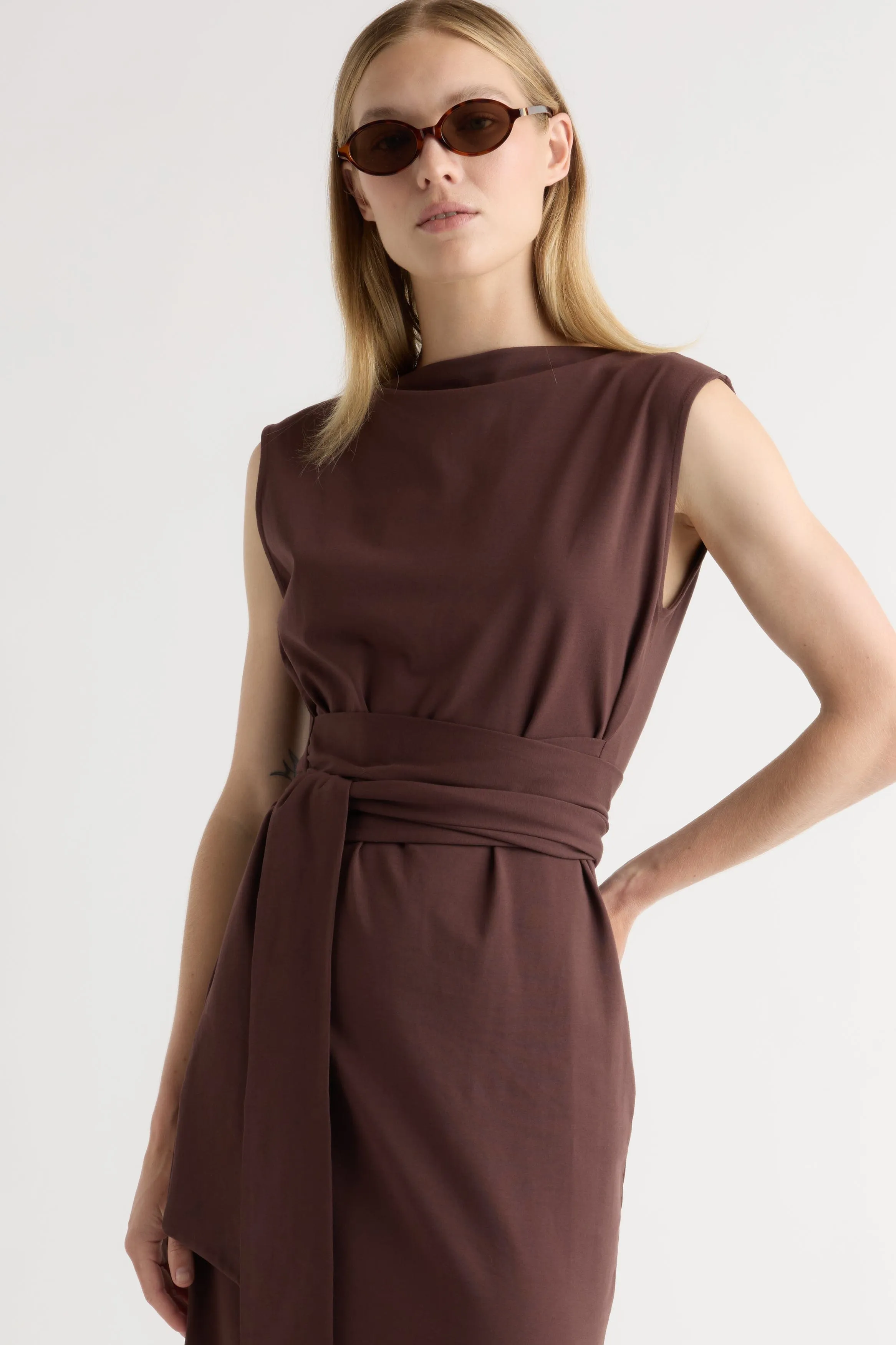 Sleek Flow Edina Tie-Front Slit-Neck Dress