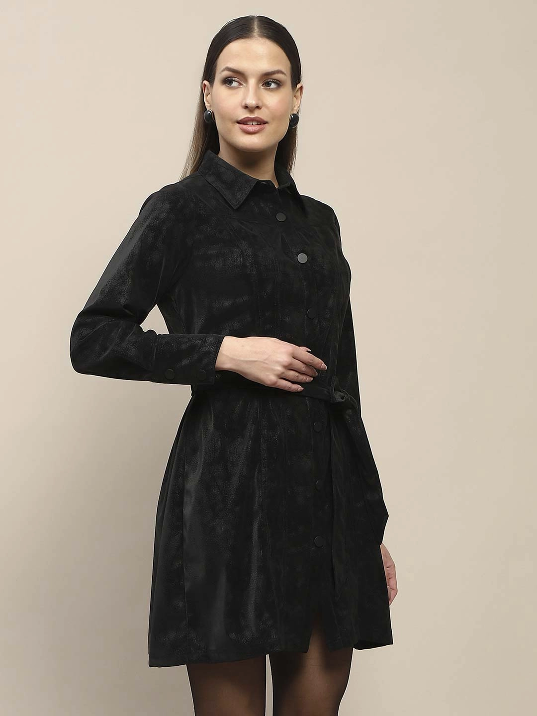 Shine Finish Street Vibe Madame Belted Button Down Black Mini Shirt Dress