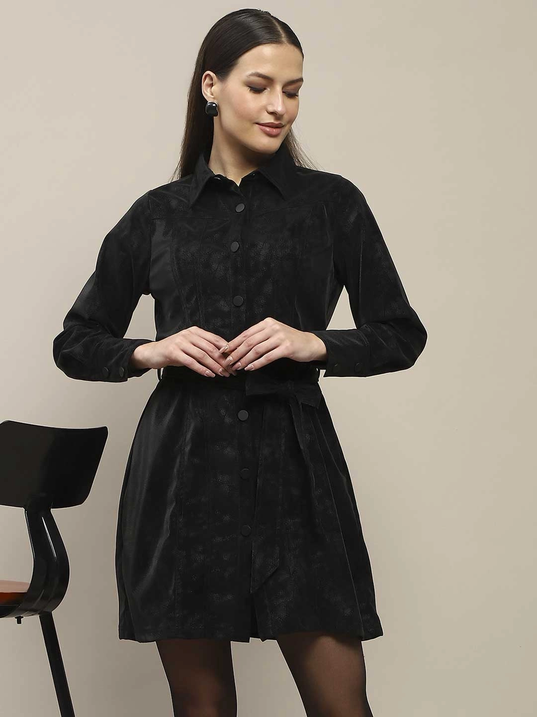 Relaxed fit wear Madame Belted Button Down Black Mini Shirt Dress