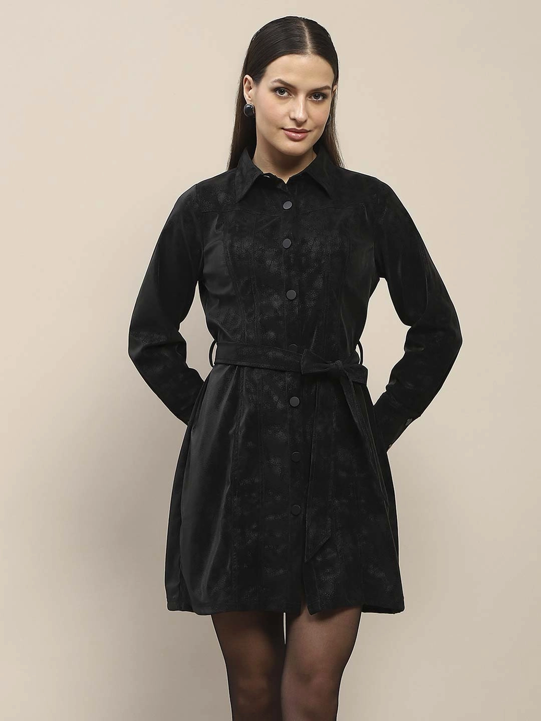 Madame Belted Button Down Black Mini Shirt Dress Neutral Layer