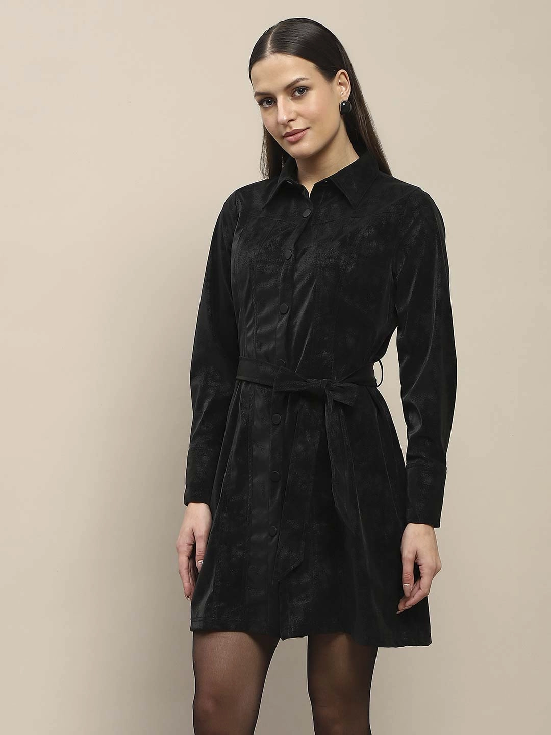 Madame Belted Button Down Black Mini Shirt Dress Balanced Light Soft Material