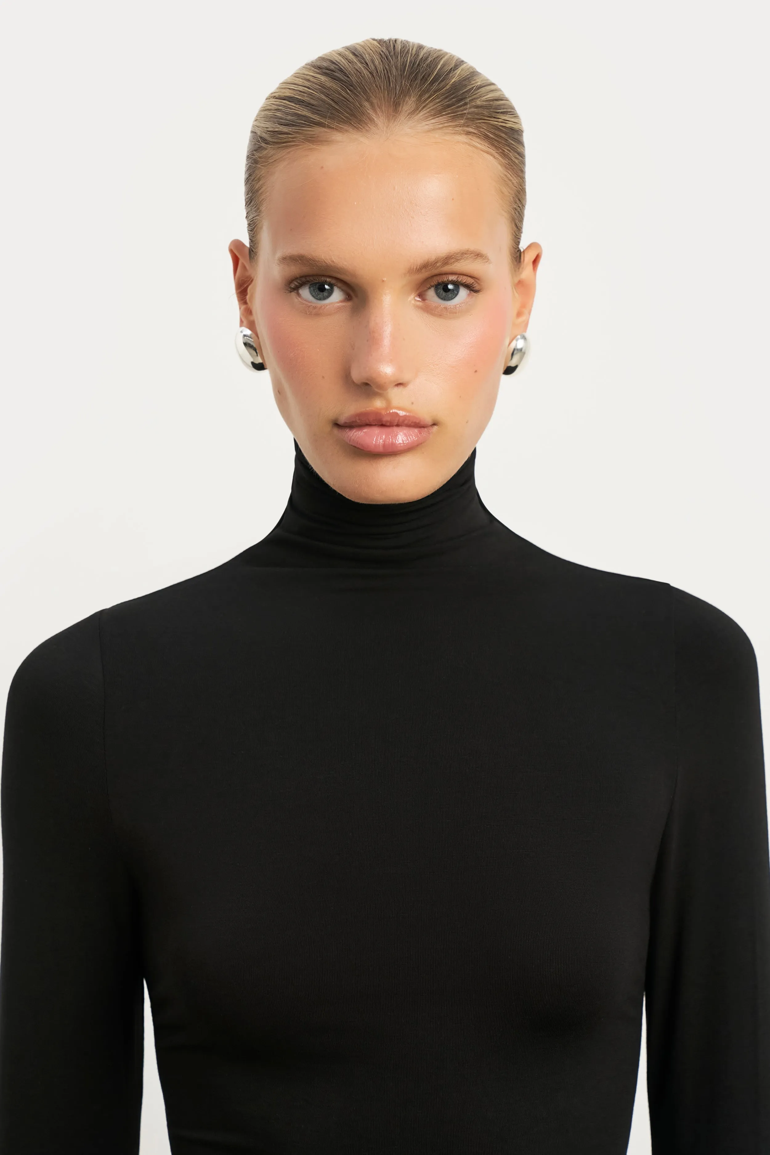 Layered Hemline SweatGuard Lining Semi Sheer High Neck Longsleeve Top -  Black
