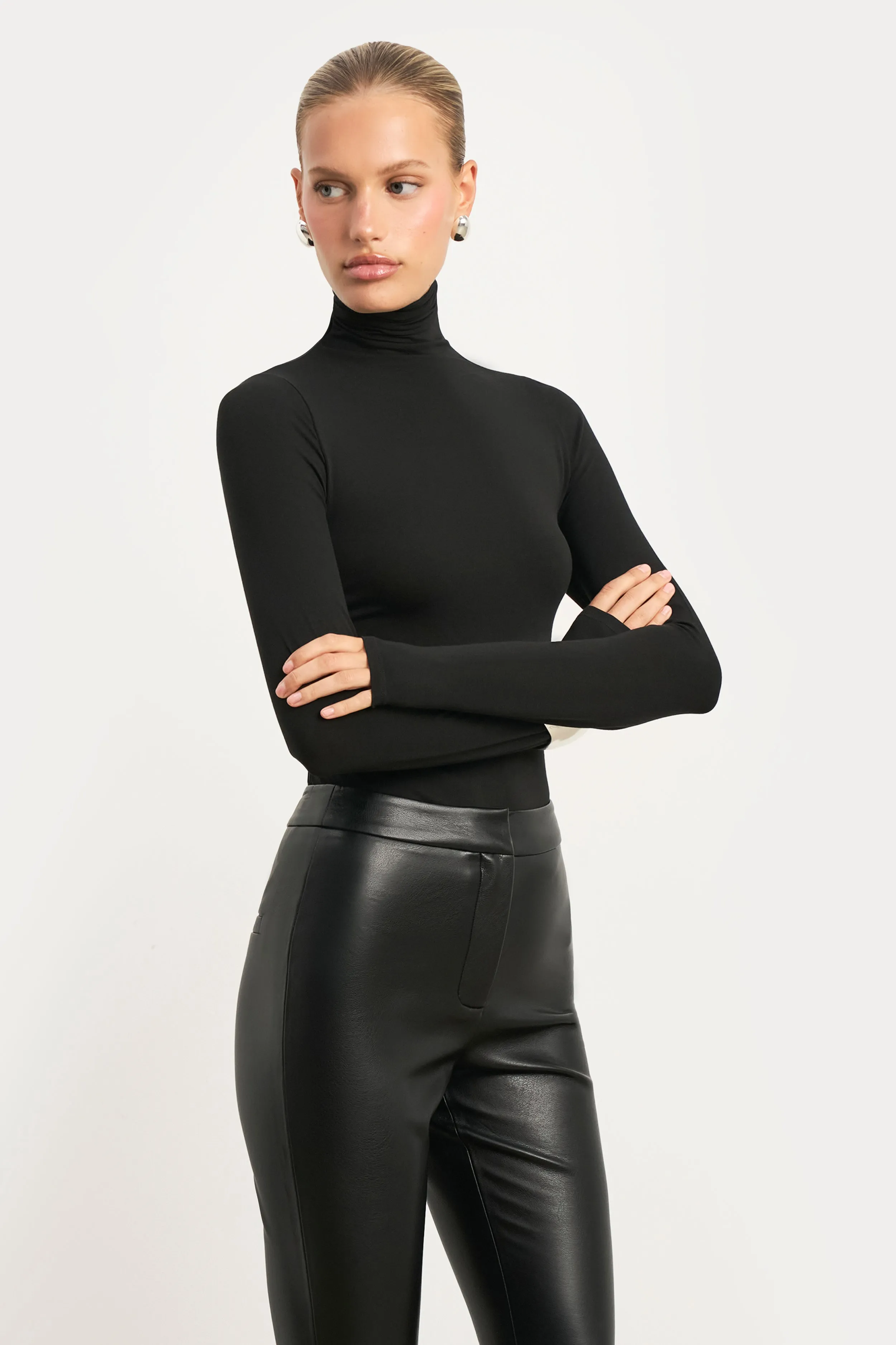 Semi Sheer High Neck Longsleeve Top -  Black NonRestrictiveCut All Over Print Technique