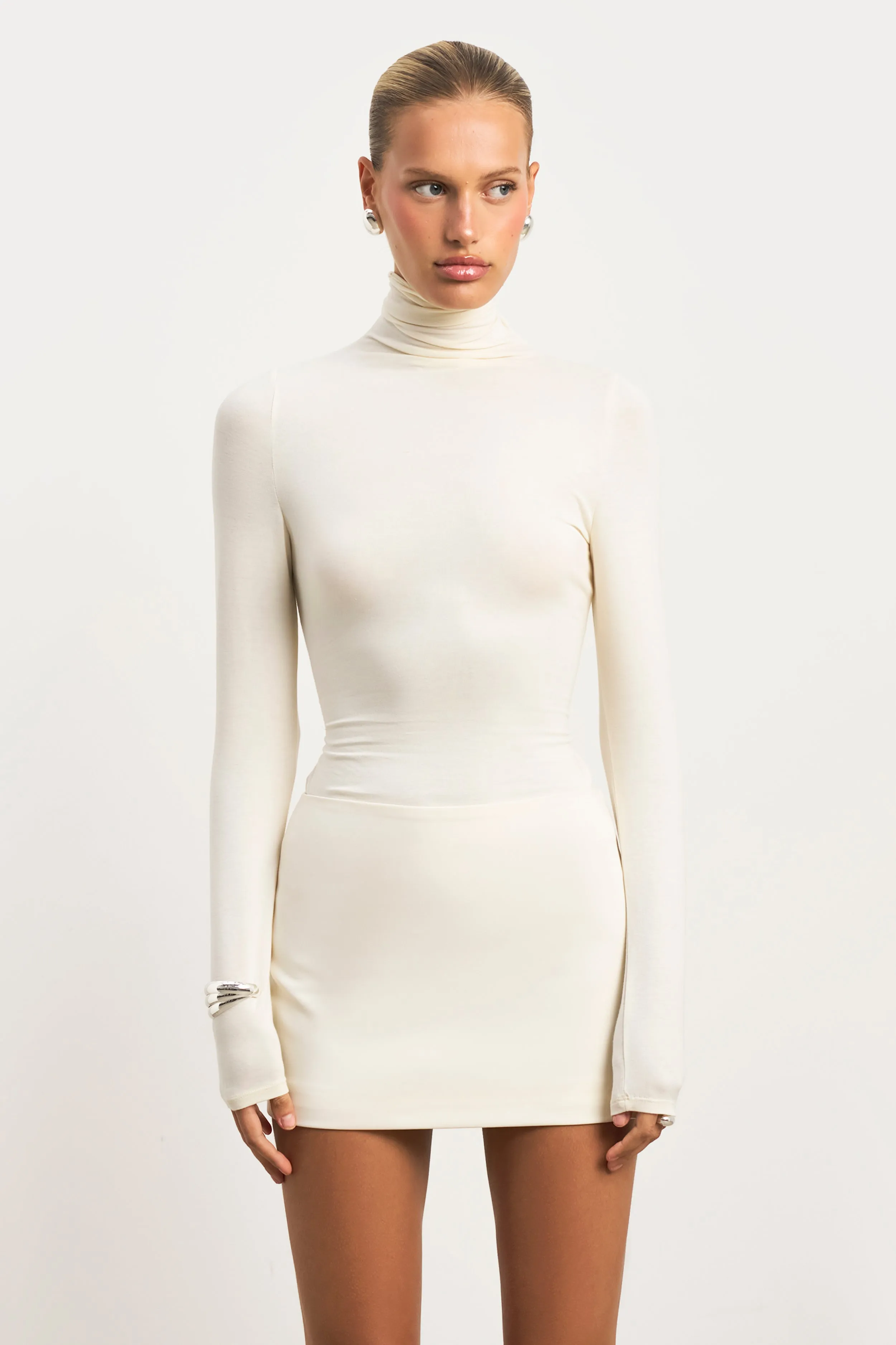 Semi Sheer High Neck Longsleeve Top -  Cream AllDay Comfort Design