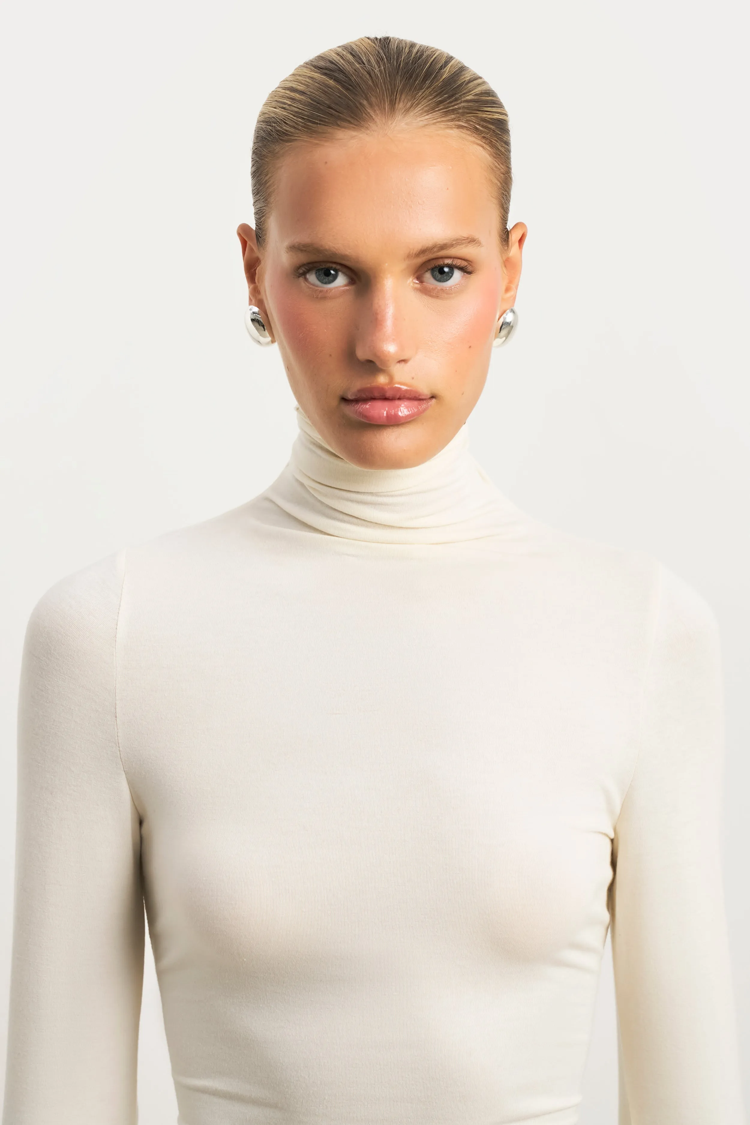 Semi Sheer High Neck Longsleeve Top -  Cream OdorResistantFinish
