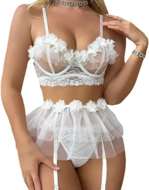 Sexy Floral Lace Lingerie SetWhite with Flower Embellishments,Seductive Women's Lingerie,Suit for Valentine's Day