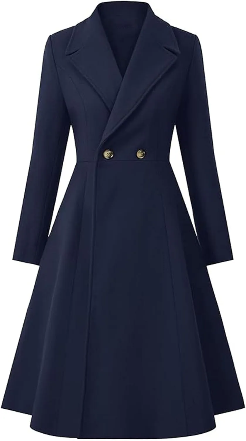 Sexyshine Women's Winter Double Breasted Trench Coat Notch Lapel Collar Wool Blend Pea Coat Swing A Line Long Overcoat