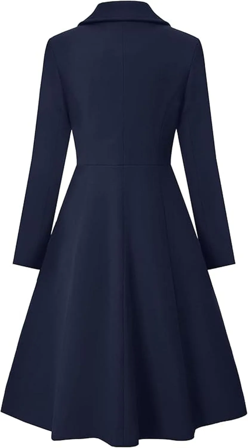 Sexyshine Women's Winter Double Breasted Trench Coat Notch Lapel Collar Wool Blend Pea Coat Swing A Line Long Overcoat