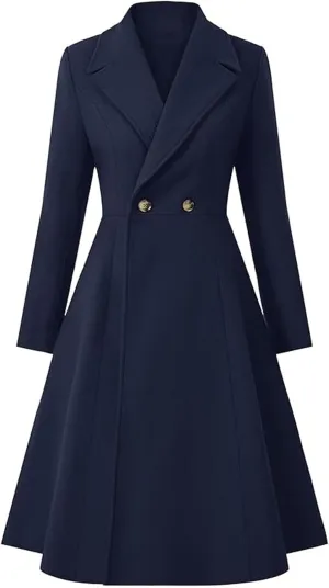Sexyshine Women's Winter Double Breasted Trench Coat Notch Lapel Collar Wool Blend Pea Coat Swing A Line Long Overcoat