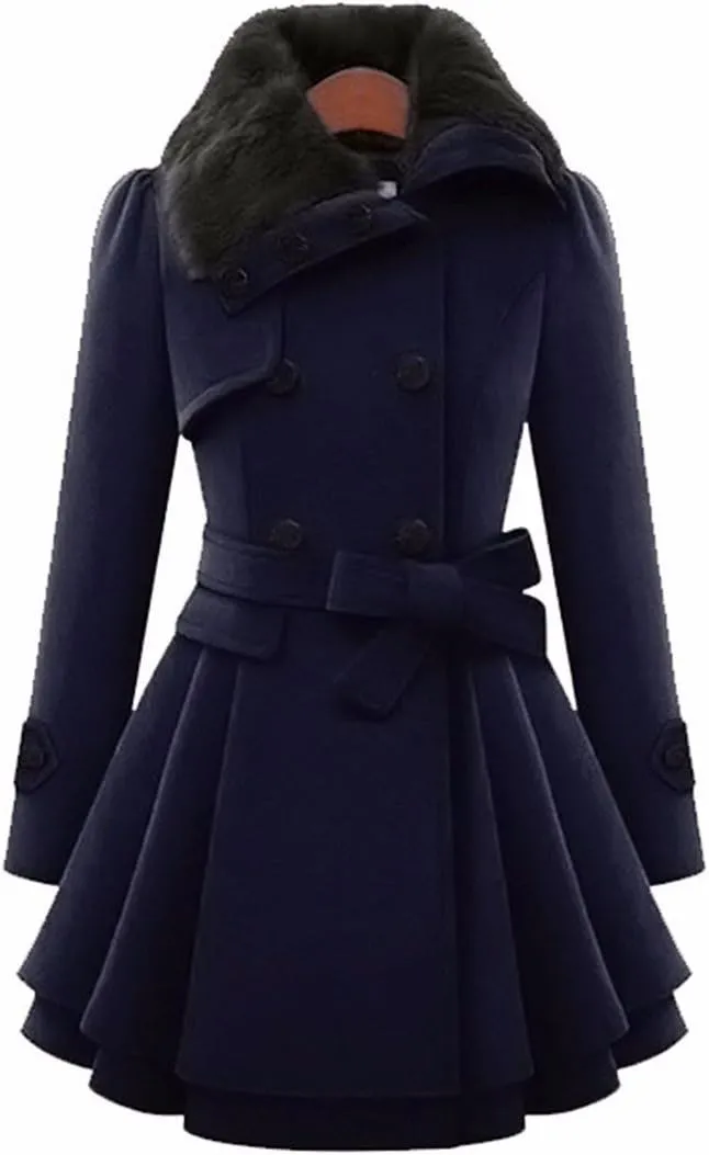 Sexyshine Women's Winter Faux Fur Lapel Double-Breasted Trench Coat A-Line Thick Slim Flared Wool Blend Pea Coat Jacket