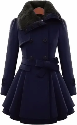Sexyshine Women's Winter Faux Fur Lapel Double-Breasted Trench Coat A-Line Thick Slim Flared Wool Blend Pea Coat Jacket