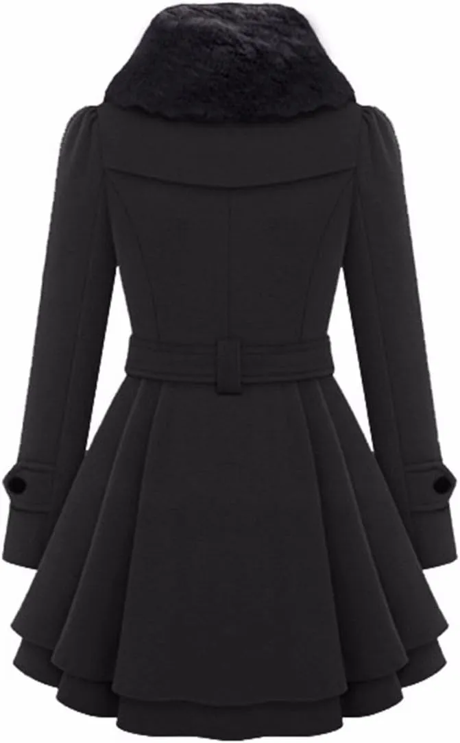 Sexyshine Women's Winter Faux Fur Lapel Double-Breasted Trench Coat A-Line Thick Slim Flared Wool Blend Pea Coat Jacket