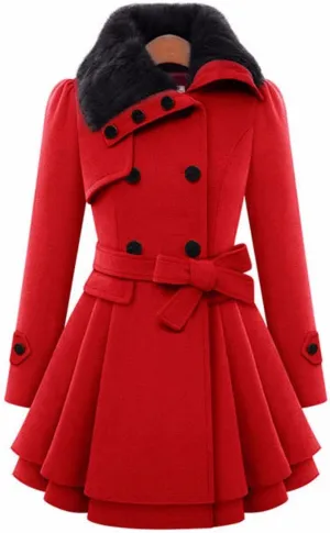 Sexyshine Women's Winter Faux Fur Lapel Double-Breasted Trench Coat A-Line Thick Slim Flared Wool Blend Pea Coat Jacket