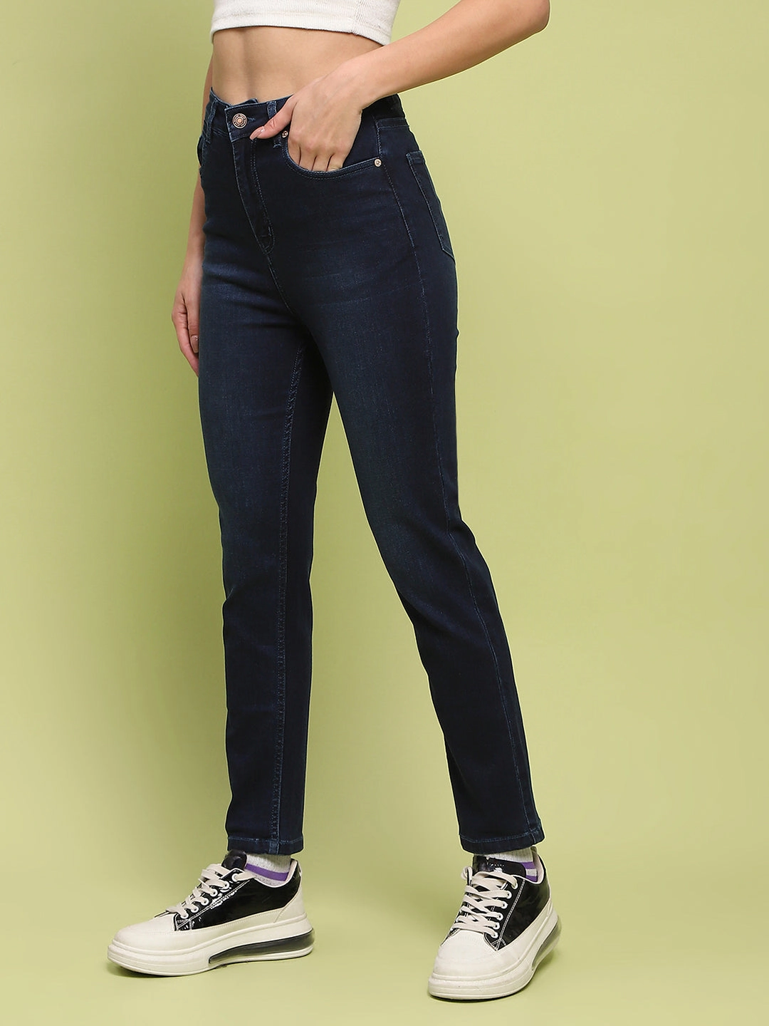 Fall Outfit Layer Staple Madame Whiskered Dark Blue Cotton Denim Jeans
