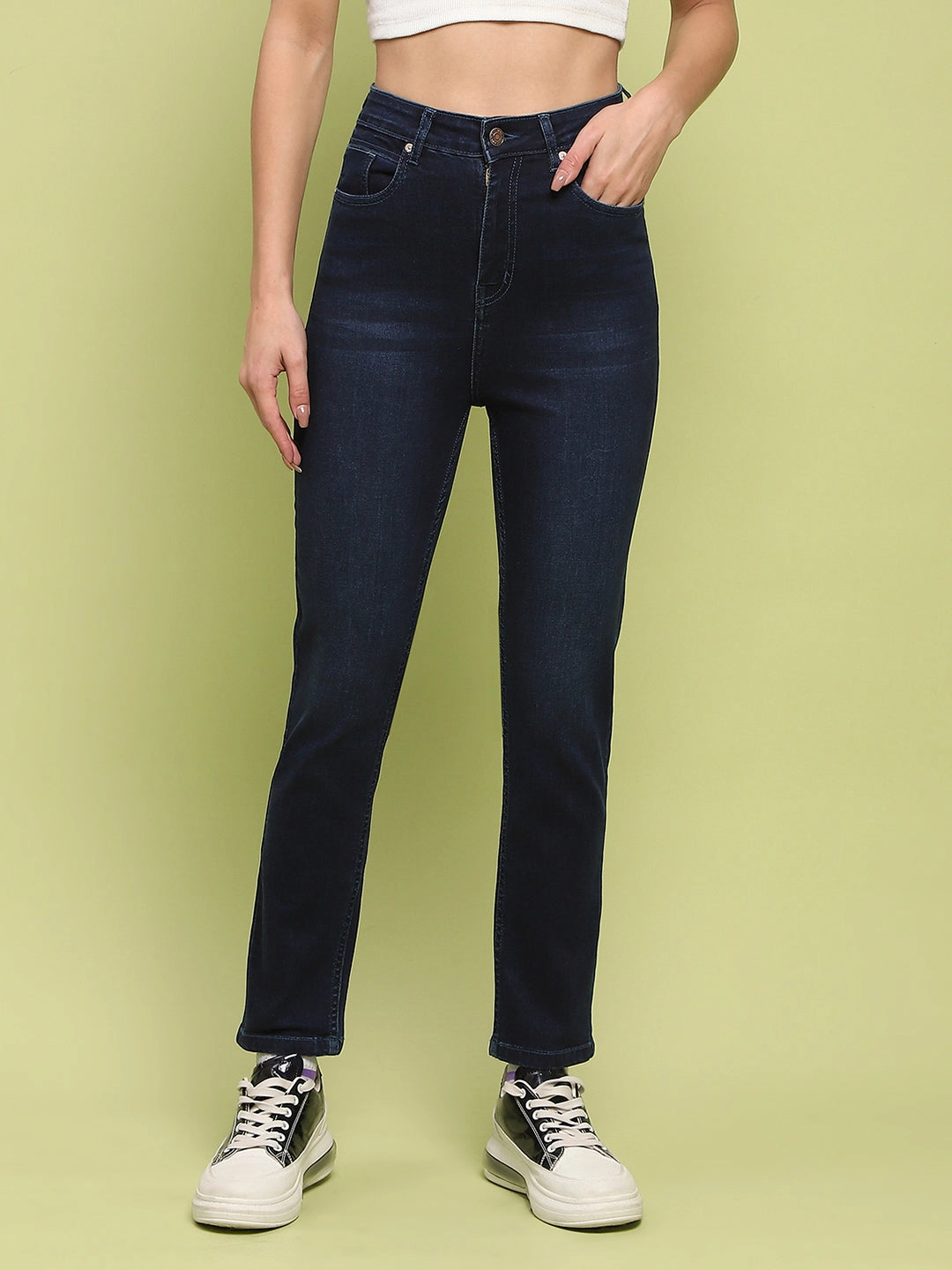 Versatile Tailoring Night Out Daily Wear Madame Whiskered Dark Blue Cotton Denim Jeans