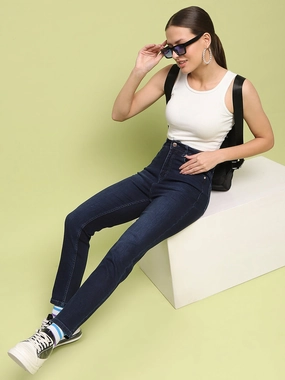 Madame Whiskered Dark Blue Cotton Denim Jeans Timeless Cut