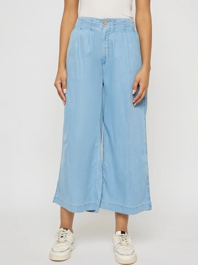 Madame Pintuck Detailed Cotton Blend Light Blue Wide Leg Jeans Trend Setter Chill Outfit Basic Attire