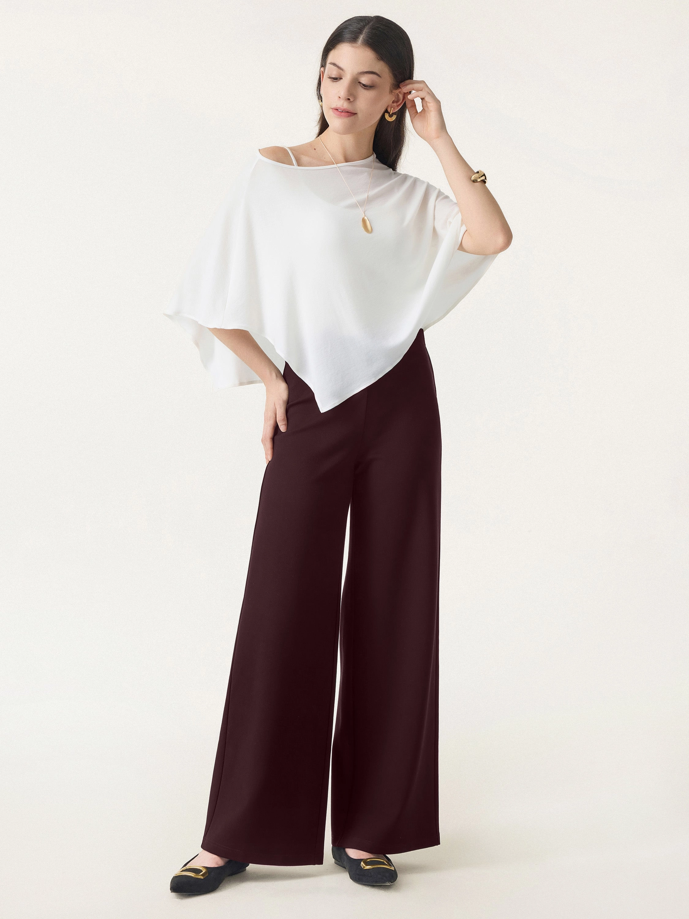 Wide-leg cut Tummy-Smooth Wide Leg Pull-on Pants with Pockets