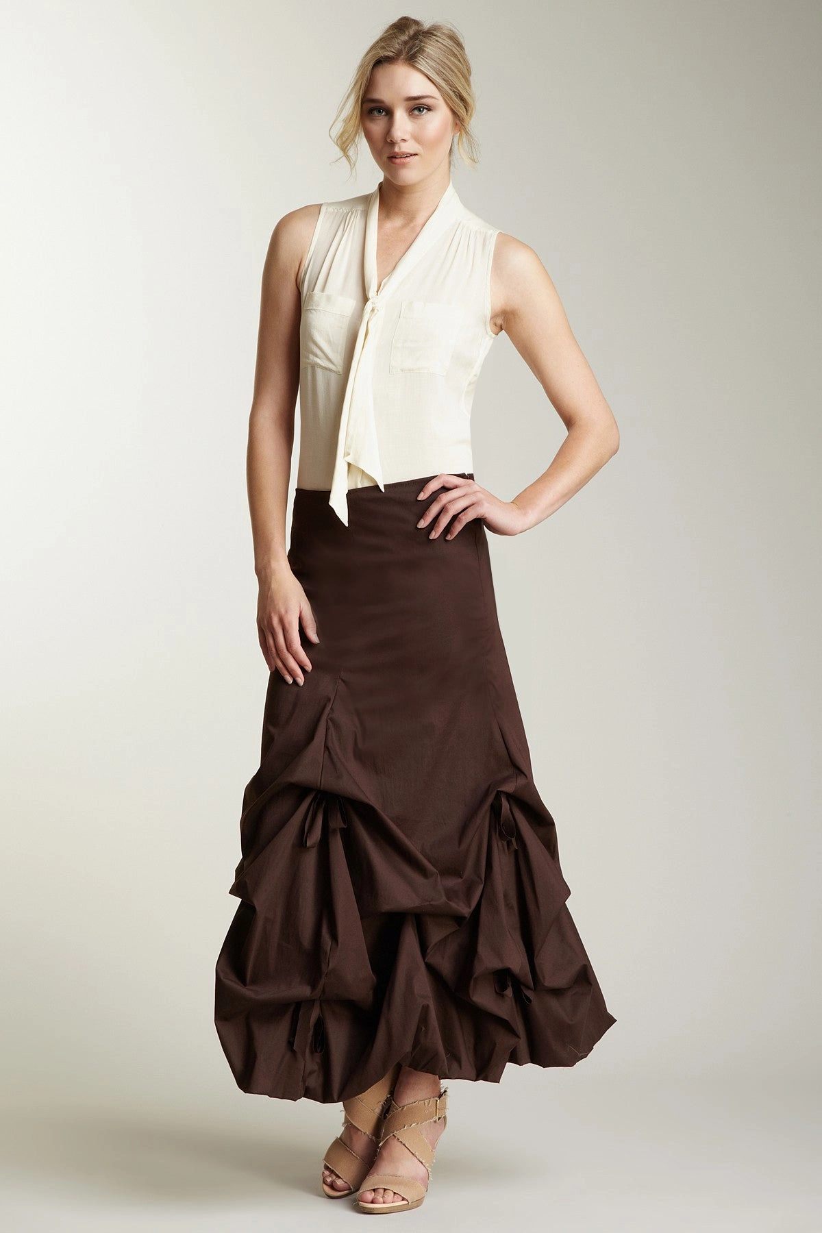 Seasonal Layering Stretch Poplin Balloon Skirt - Chocolate