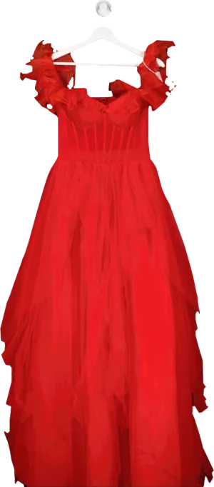 SHEIN Red Fishbone Bodice Layered Tulle Evening Gown UK S