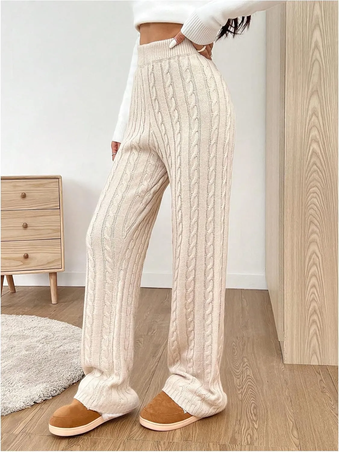 SHENHE Women's Cable Knit Sweater Pants High Waisted Casual Lounge Pants Fall Knit Pants