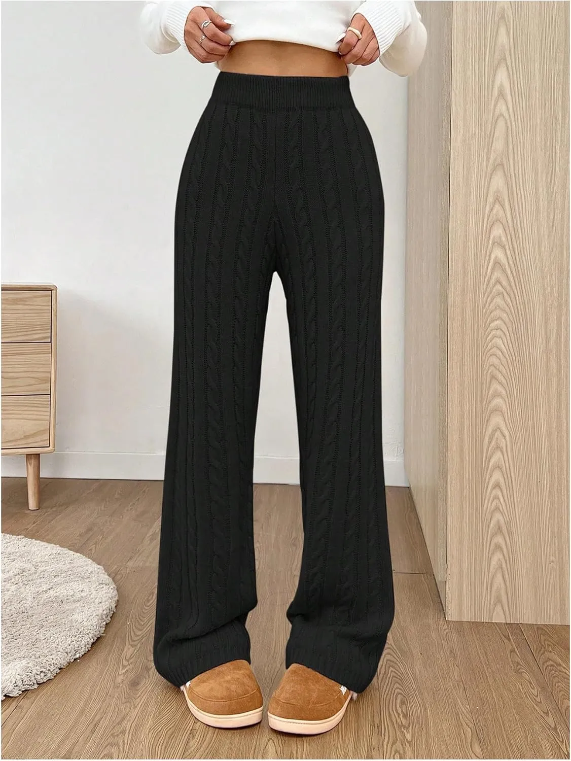 SHENHE Women's Cable Knit Sweater Pants High Waisted Casual Lounge Pants Fall Knit Pants