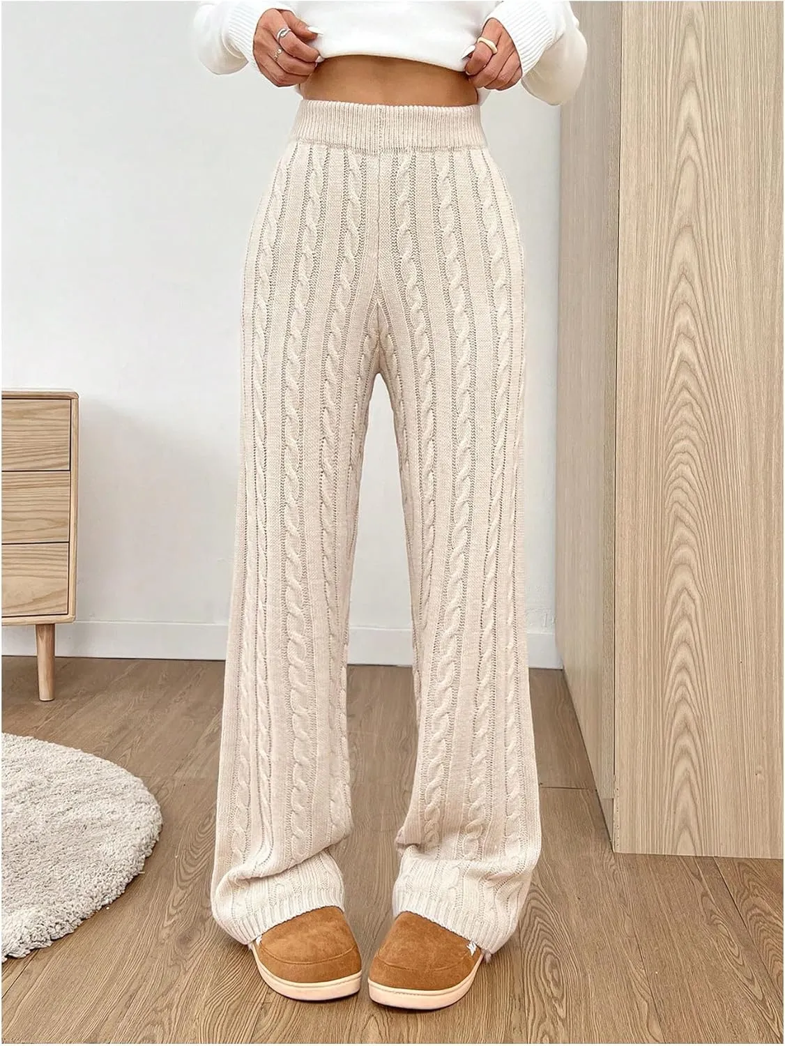 SHENHE Women's Cable Knit Sweater Pants High Waisted Casual Lounge Pants Fall Knit Pants