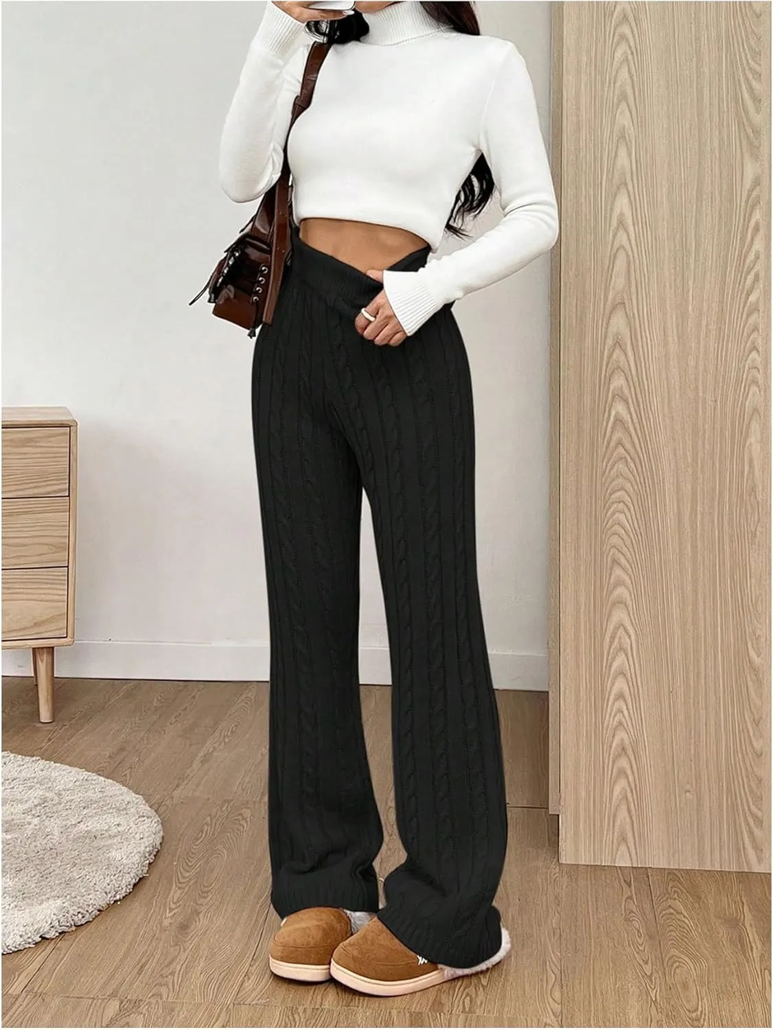 SHENHE Women's Cable Knit Sweater Pants High Waisted Casual Lounge Pants Fall Knit Pants