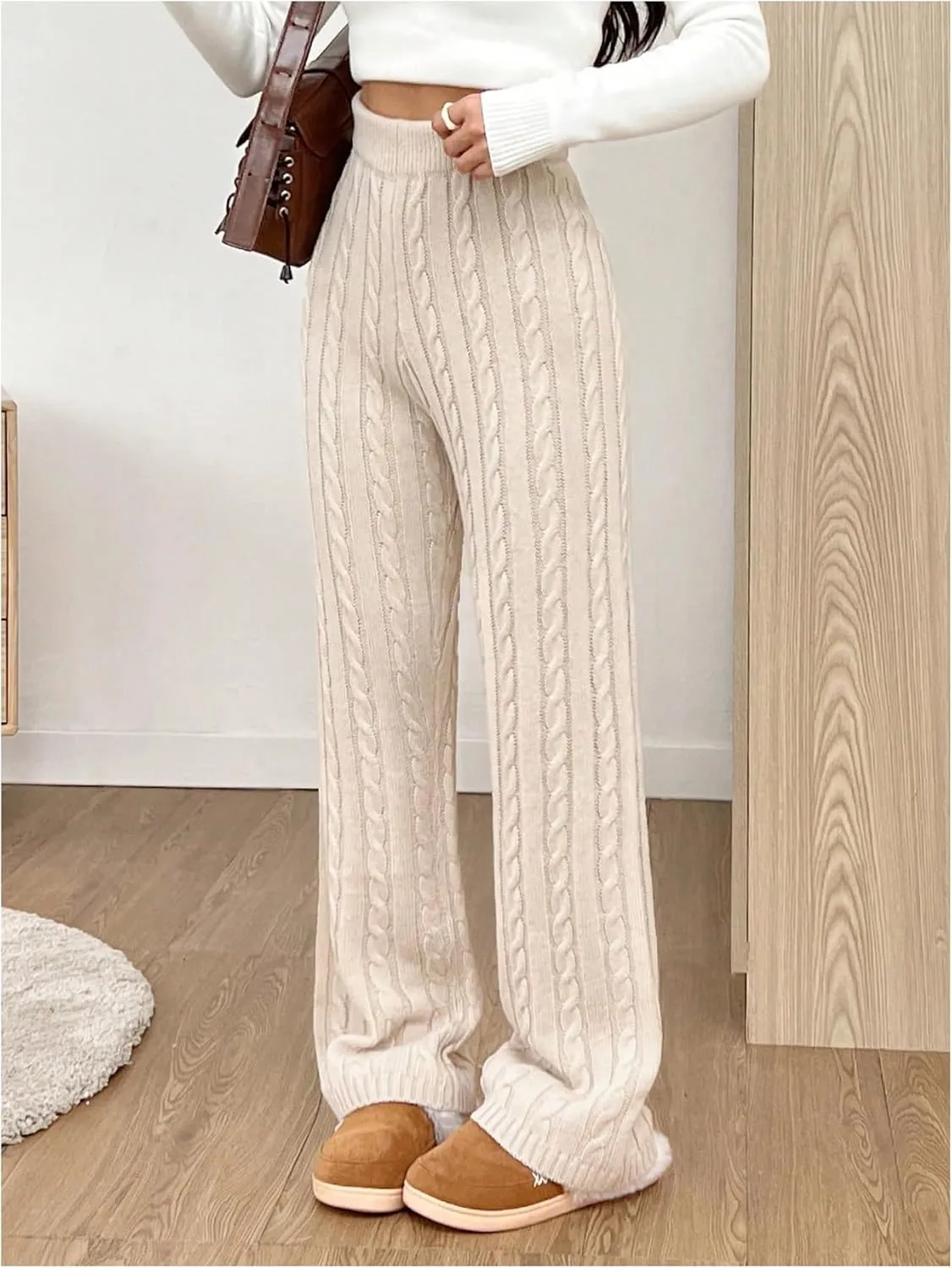 SHENHE Women's Cable Knit Sweater Pants High Waisted Casual Lounge Pants Fall Knit Pants