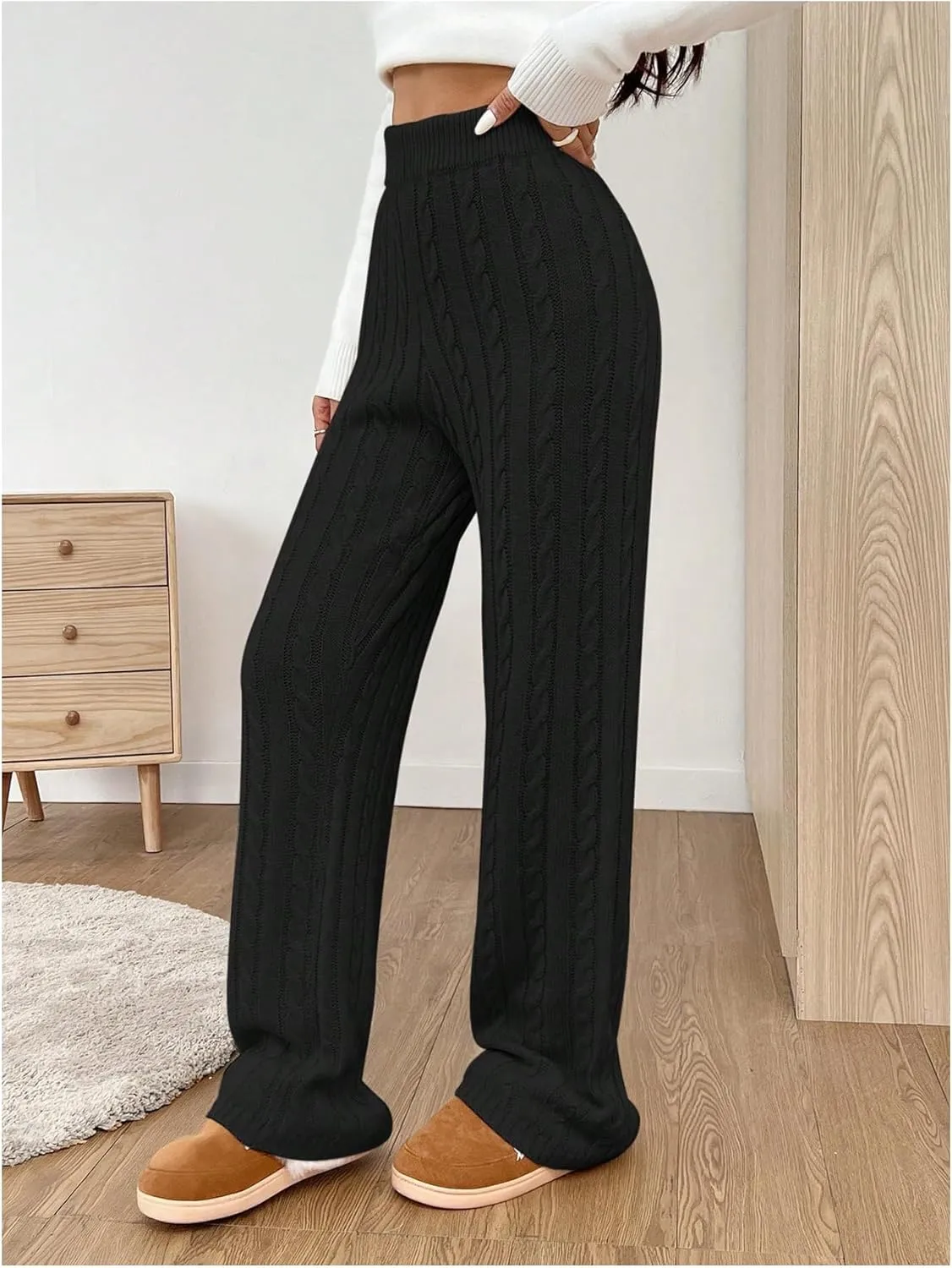 SHENHE Women's Cable Knit Sweater Pants High Waisted Casual Lounge Pants Fall Knit Pants