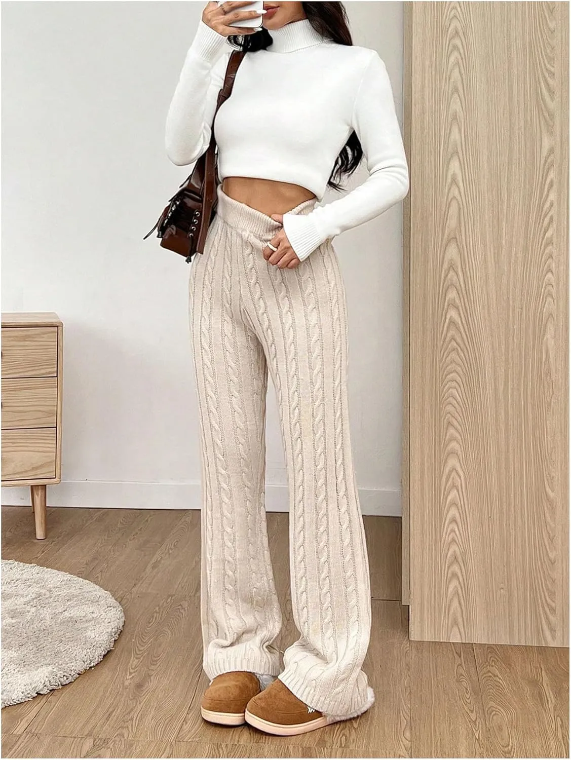 SHENHE Women's Cable Knit Sweater Pants High Waisted Casual Lounge Pants Fall Knit Pants