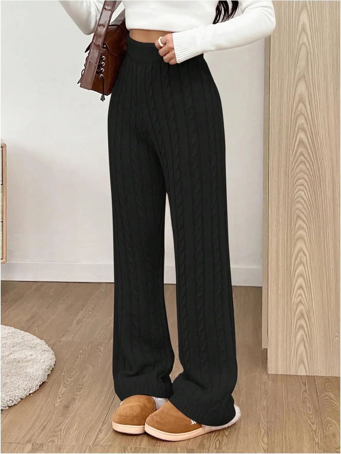 SHENHE Women's Cable Knit Sweater Pants High Waisted Casual Lounge Pants Fall Knit Pants