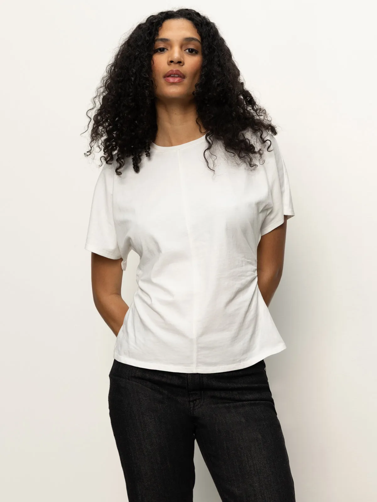 Shirred Waist Dolman Tee White StretchComfortWeave