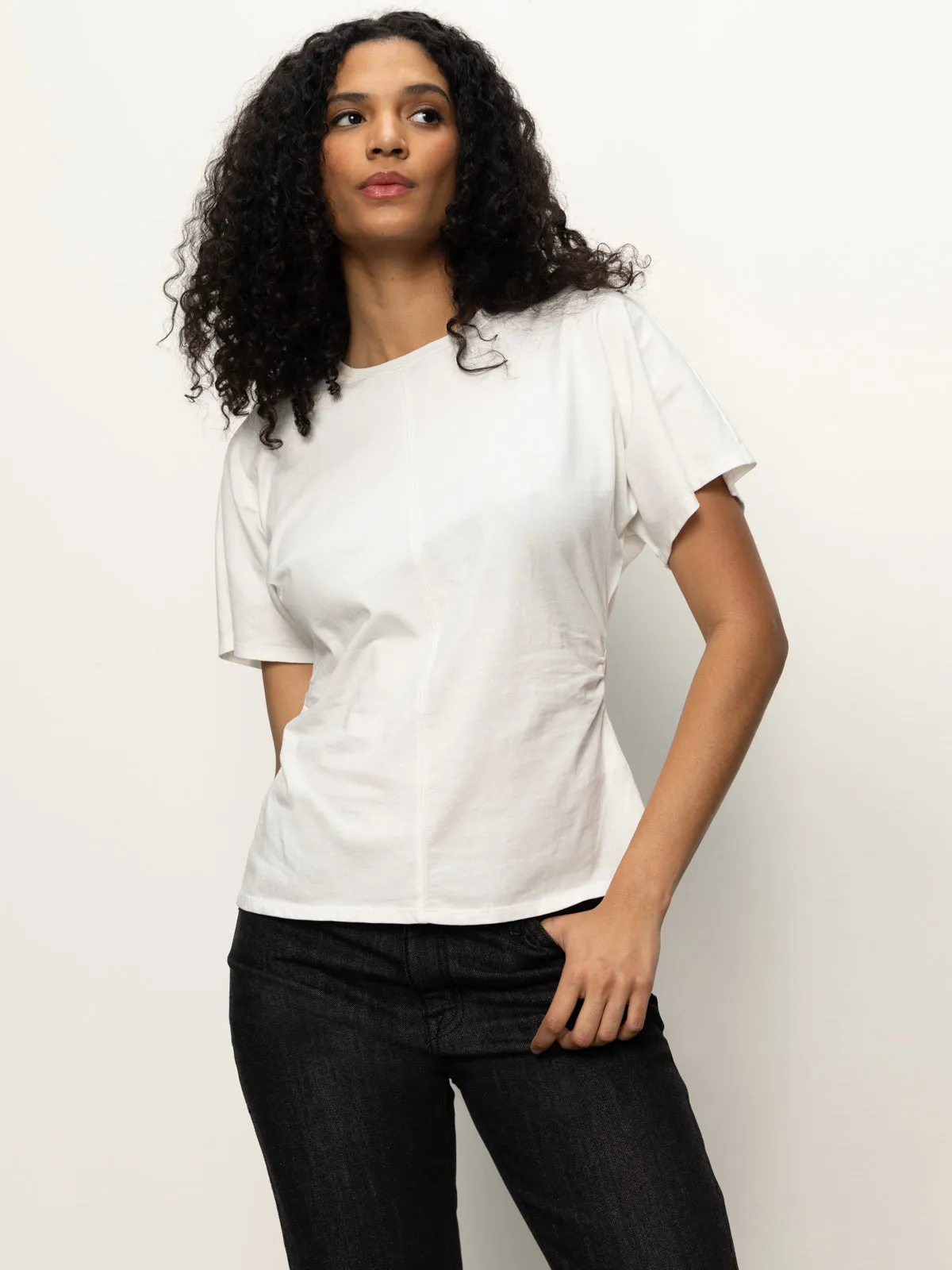 Garment Dyed Finish Shirred Waist Dolman Tee White