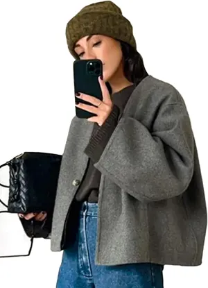 Shiyifa Womens Cropped Wool Blend Coat Long Sleeve Button Down Jacket Casual Fall Winter Peacoat